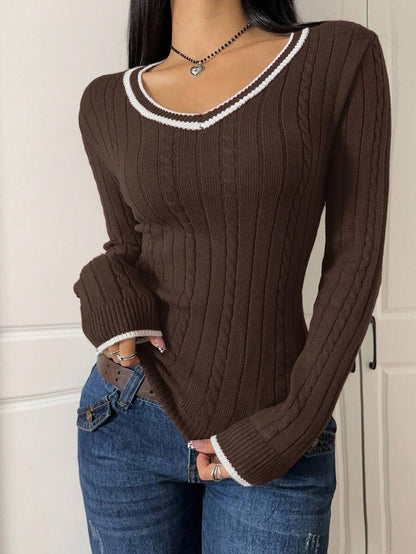 Saskia Slim V Neck Twist Cable Knit Sweater with Contrast Trim - Chocolate Brown