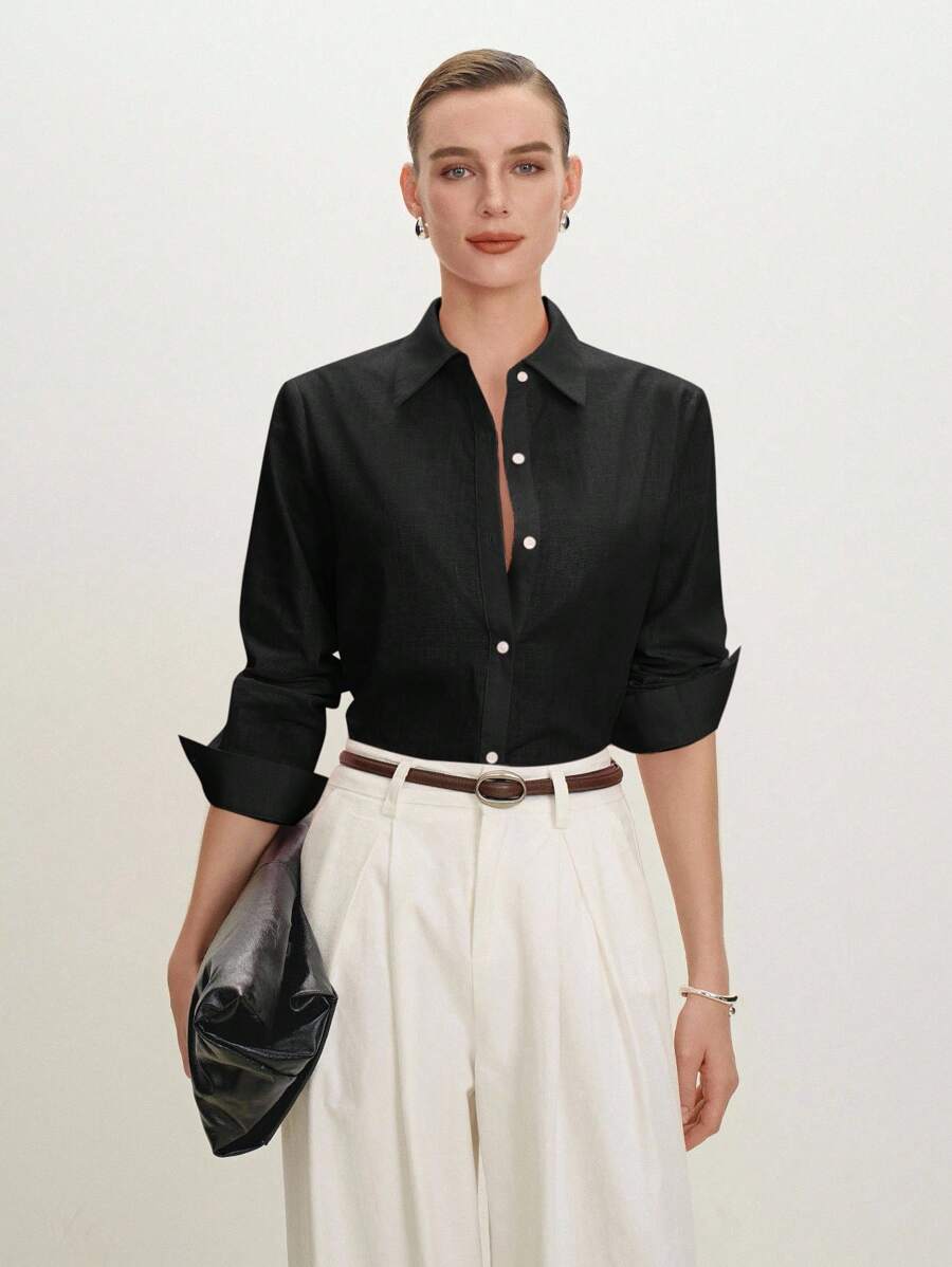 Arabella Classic Collared Button Down Long Sleeve Cotton Shirt - Black
