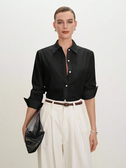 Arabella Classic Collared Button Down Long Sleeve Cotton Shirt - Black