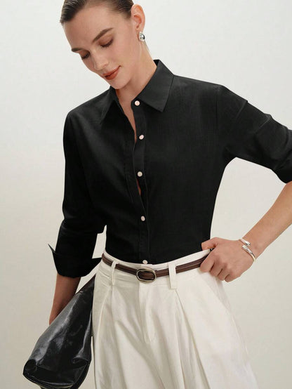 Arabella Classic Collared Button Down Long Sleeve Cotton Shirt - Black