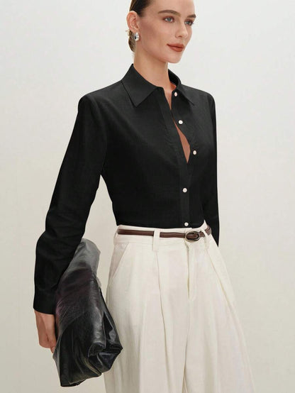 Arabella Classic Collared Button Down Long Sleeve Cotton Shirt - Black