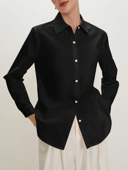 Arabella Classic Collared Button Down Long Sleeve Cotton Shirt - Black