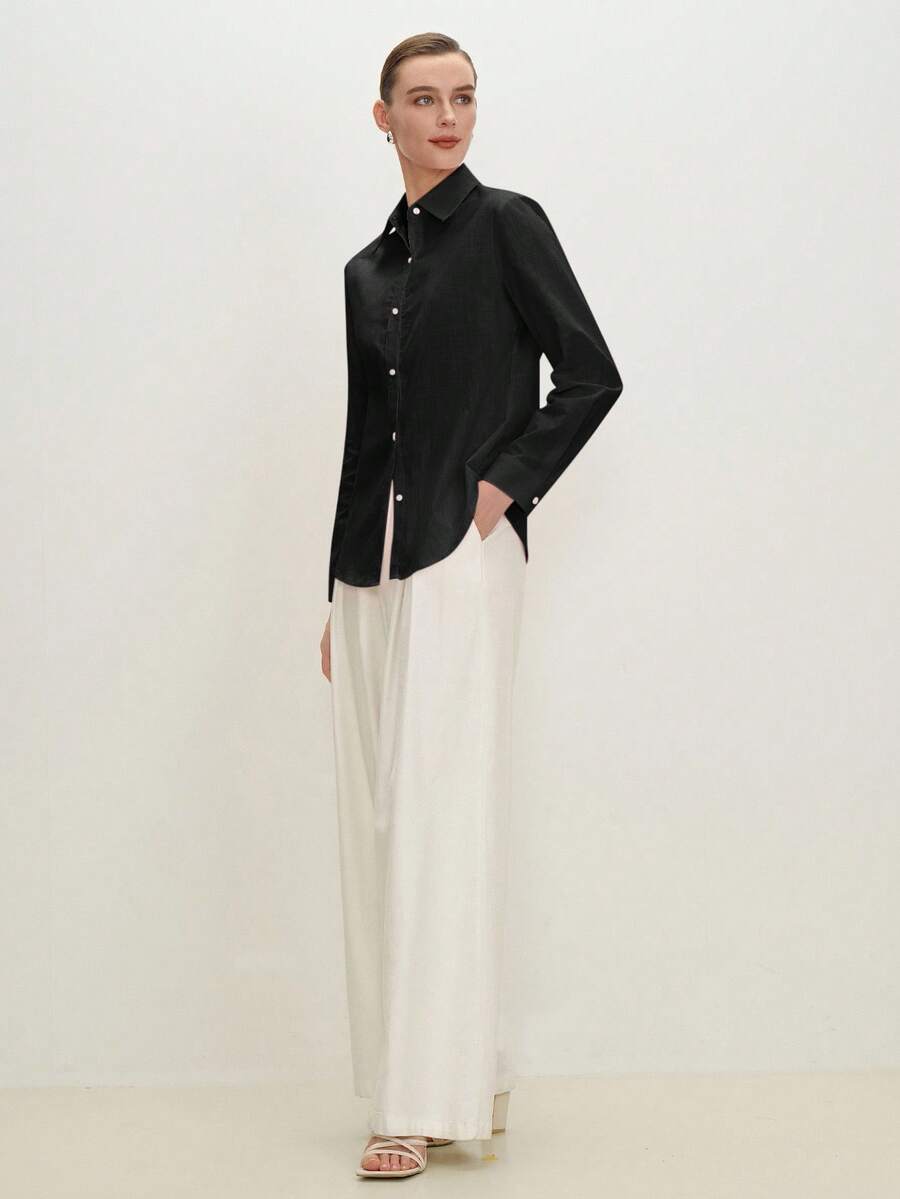 Arabella Classic Collared Button Down Long Sleeve Cotton Shirt - Black
