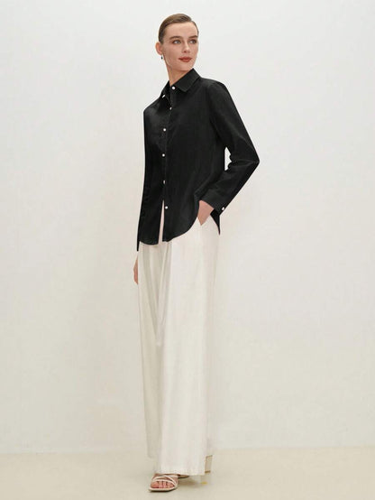 Arabella Classic Collared Button Down Long Sleeve Cotton Shirt - Black
