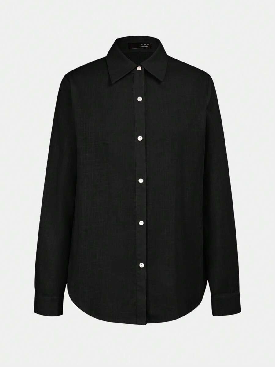 Arabella Classic Collared Button Down Long Sleeve Cotton Shirt - Black