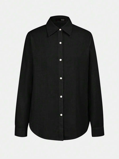 Arabella Classic Collared Button Down Long Sleeve Cotton Shirt - Black