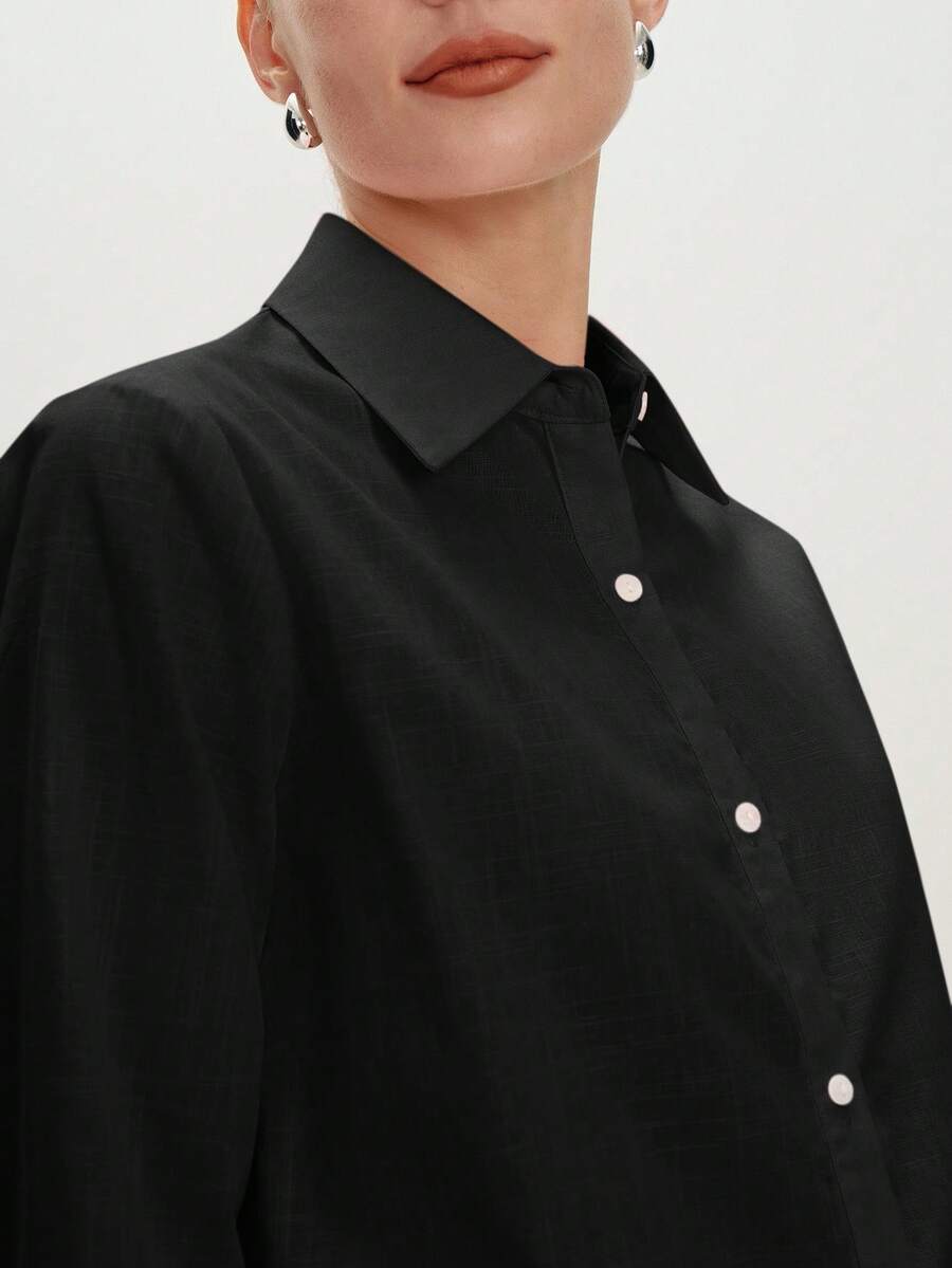 Arabella Classic Collared Button Down Long Sleeve Cotton Shirt - Black