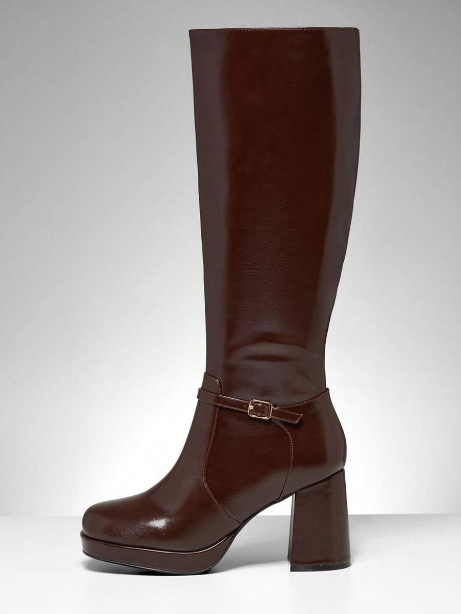 SHUZIA Women's Knee High Platform Block Heel Pu + Lycra Casual Boots For Christmas Valentine's Day Mensa