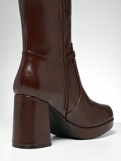 SHUZIA Women's Knee High Platform Block Heel Pu + Lycra Casual Boots For Christmas Valentine's Day Mensa