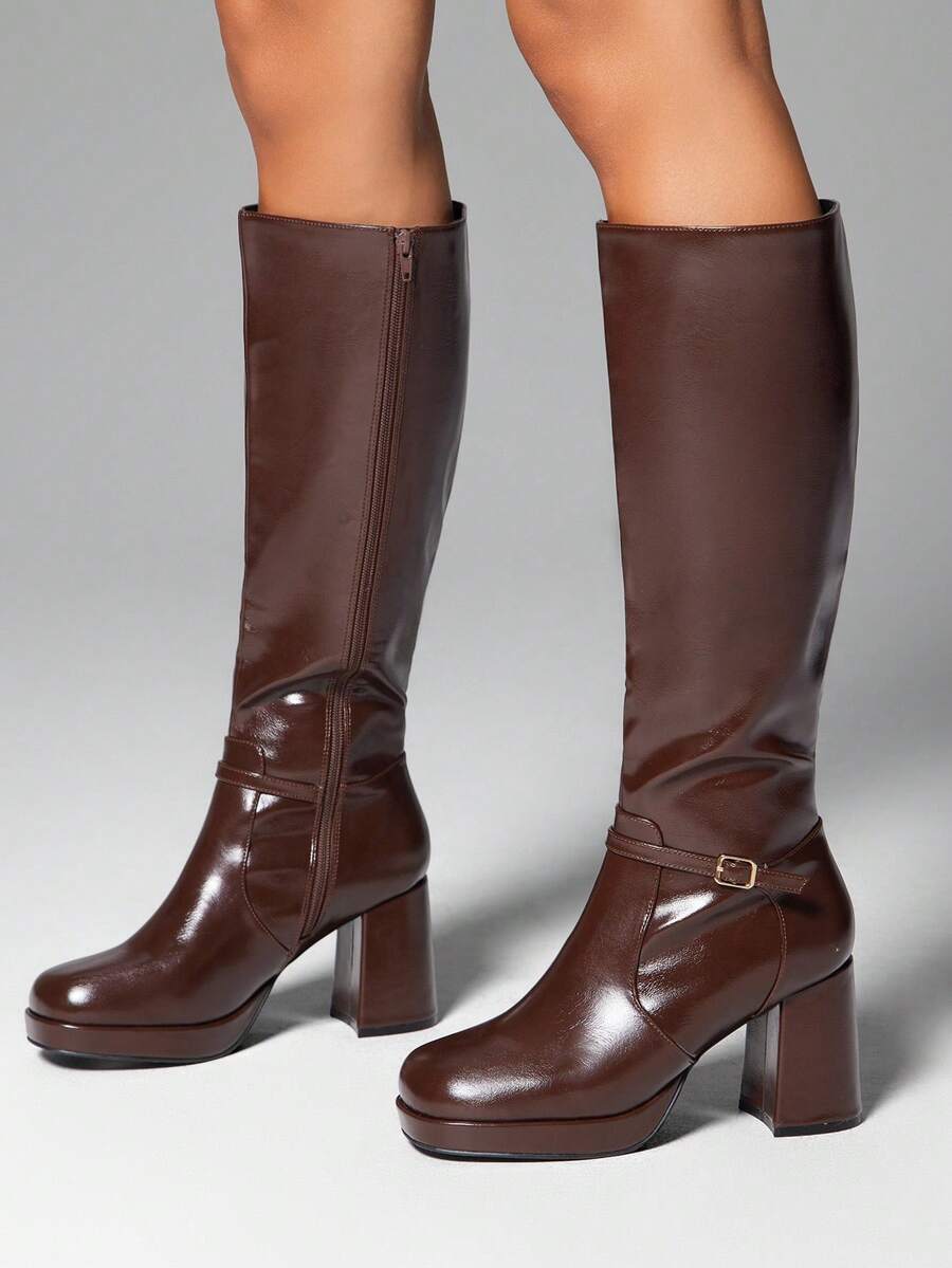 SHUZIA Women's Knee High Platform Block Heel Pu + Lycra Casual Boots For Christmas Valentine's Day Mensa