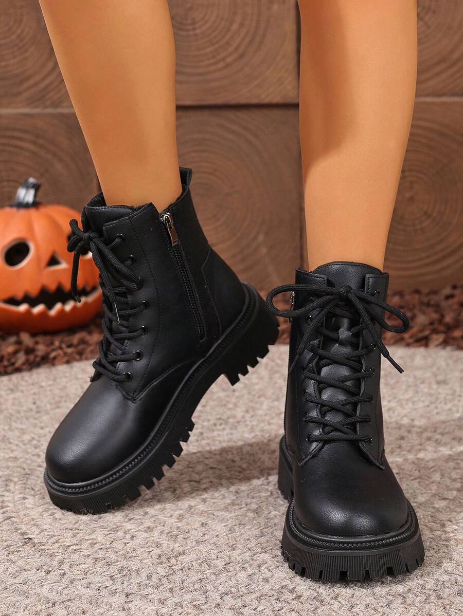 2026 Spring/Autumn/Winter New Women's Shoes, Winter Warm Women's Boots, Fashion Versatile Casual Women's Shoes, Black/White Ankle Boots With Lace-Up And Side Zipper, Flat Women's Boots, Women's Ankle Boots And Ankle Boots, Women's Fashion Boots, College S Mensa