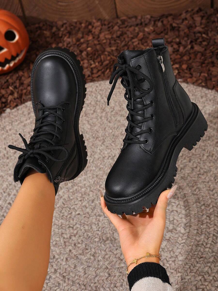 2026 Spring/Autumn/Winter New Women's Shoes, Winter Warm Women's Boots, Fashion Versatile Casual Women's Shoes, Black/White Ankle Boots With Lace-Up And Side Zipper, Flat Women's Boots, Women's Ankle Boots And Ankle Boots, Women's Fashion Boots, College S Mensa