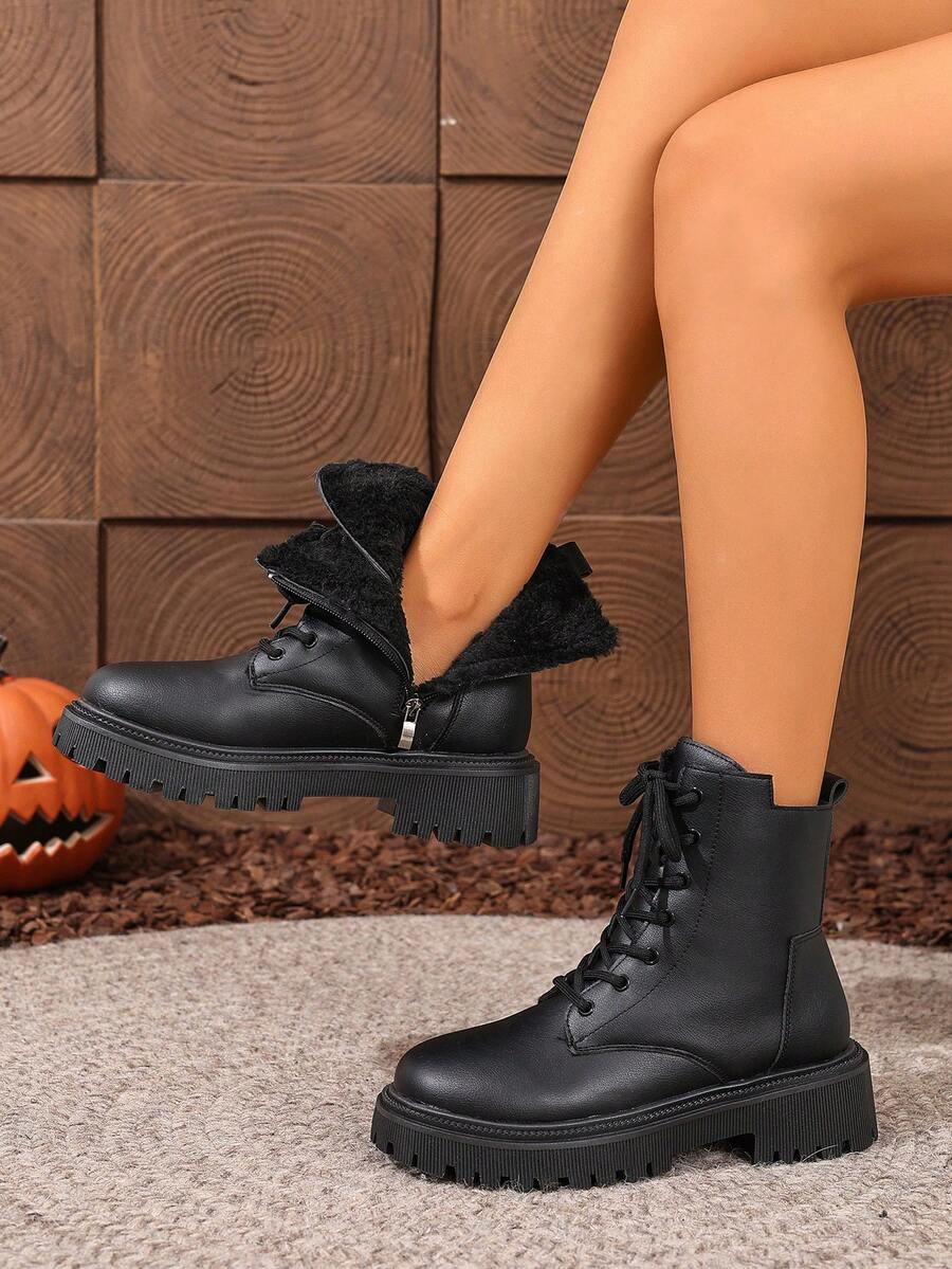 2026 Spring/Autumn/Winter New Women's Shoes, Winter Warm Women's Boots, Fashion Versatile Casual Women's Shoes, Black/White Ankle Boots With Lace-Up And Side Zipper, Flat Women's Boots, Women's Ankle Boots And Ankle Boots, Women's Fashion Boots, College S Mensa