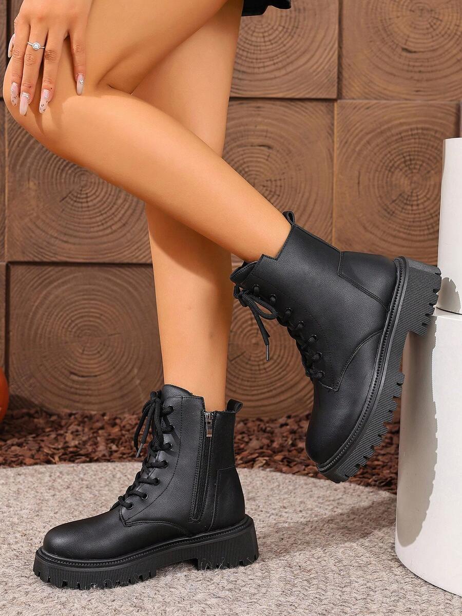 2026 Spring/Autumn/Winter New Women's Shoes, Winter Warm Women's Boots, Fashion Versatile Casual Women's Shoes, Black/White Ankle Boots With Lace-Up And Side Zipper, Flat Women's Boots, Women's Ankle Boots And Ankle Boots, Women's Fashion Boots, College S Mensa