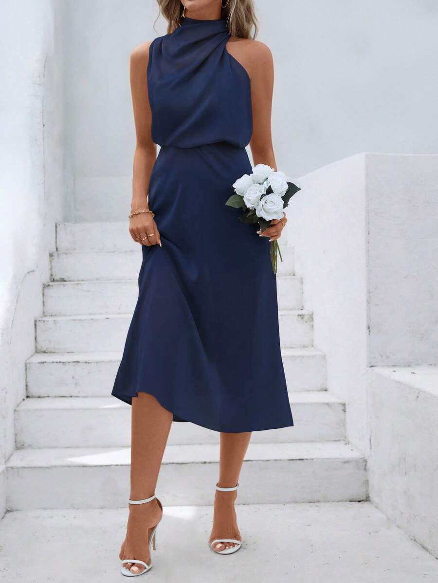 Women's Satin Cowl Neck Halter Midi Dress, Lined Silky Dress for Wedding Guest and Evening - Navy Blue