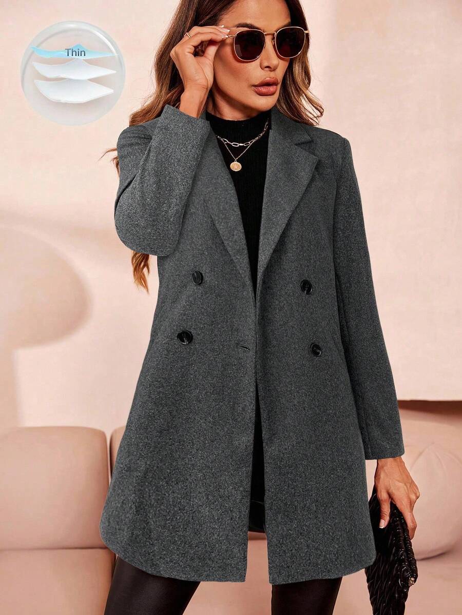Aveline Double-Breasted Lapel Coat with Tailored Thigh-Length Cut - Dark Grey
