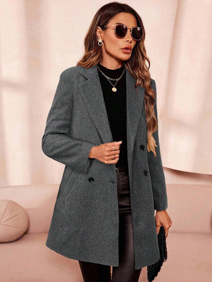 Aveline Double-Breasted Lapel Coat with Tailored Thigh-Length Cut - Brown