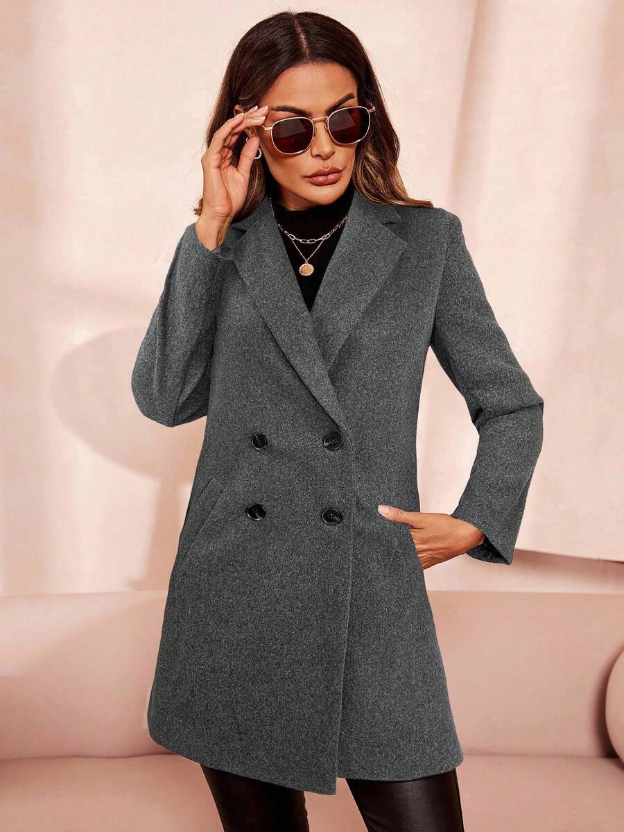 Aveline Double-Breasted Lapel Coat with Tailored Thigh-Length Cut - Apricot