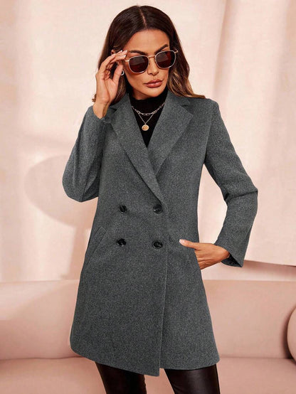 Aveline Double-Breasted Lapel Coat with Tailored Thigh-Length Cut - Apricot