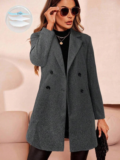 Aveline Double-Breasted Lapel Coat with Tailored Thigh-Length Cut - Mocha Brown