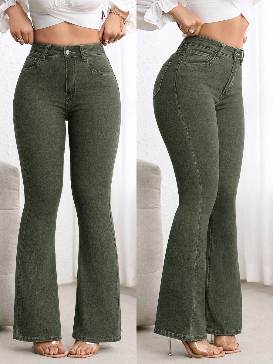 Zakopane High Waist Stretch Flare Jeans - Green
