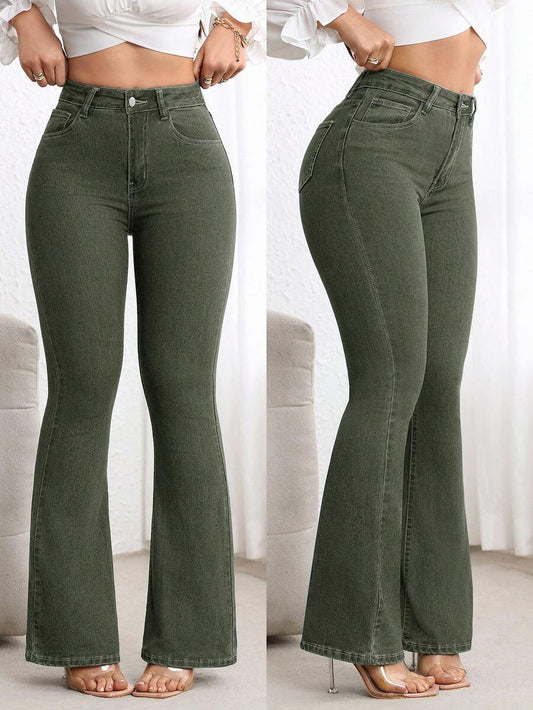 Zakopane High Waist Stretch Flare Jeans - Green