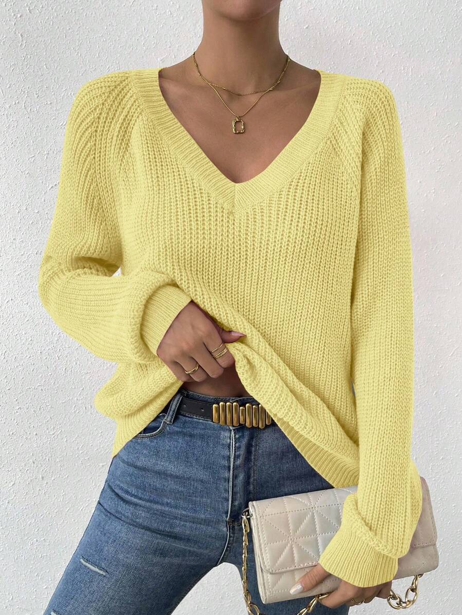 Aarhus V Neck Raglan Sleeve Ribbed Knit Sweater - Yellow