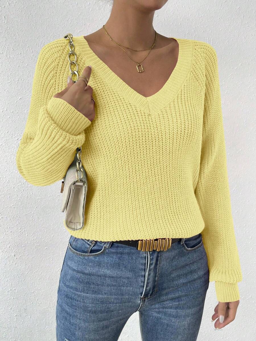 Aarhus V Neck Raglan Sleeve Ribbed Knit Sweater