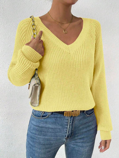 Aarhus V Neck Raglan Sleeve Ribbed Knit Sweater