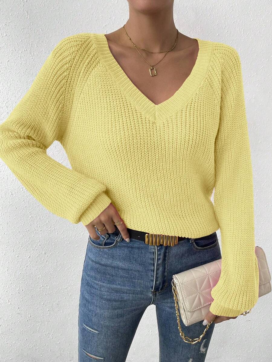 Aarhus V Neck Raglan Sleeve Ribbed Knit Sweater