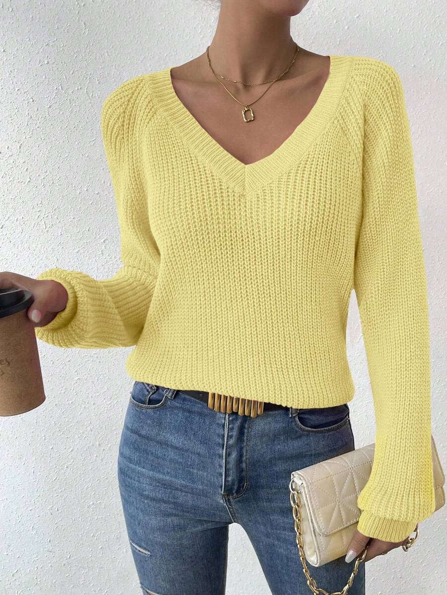 Aarhus V Neck Raglan Sleeve Ribbed Knit Sweater