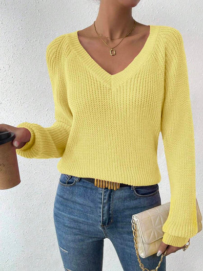Aarhus V Neck Raglan Sleeve Ribbed Knit Sweater