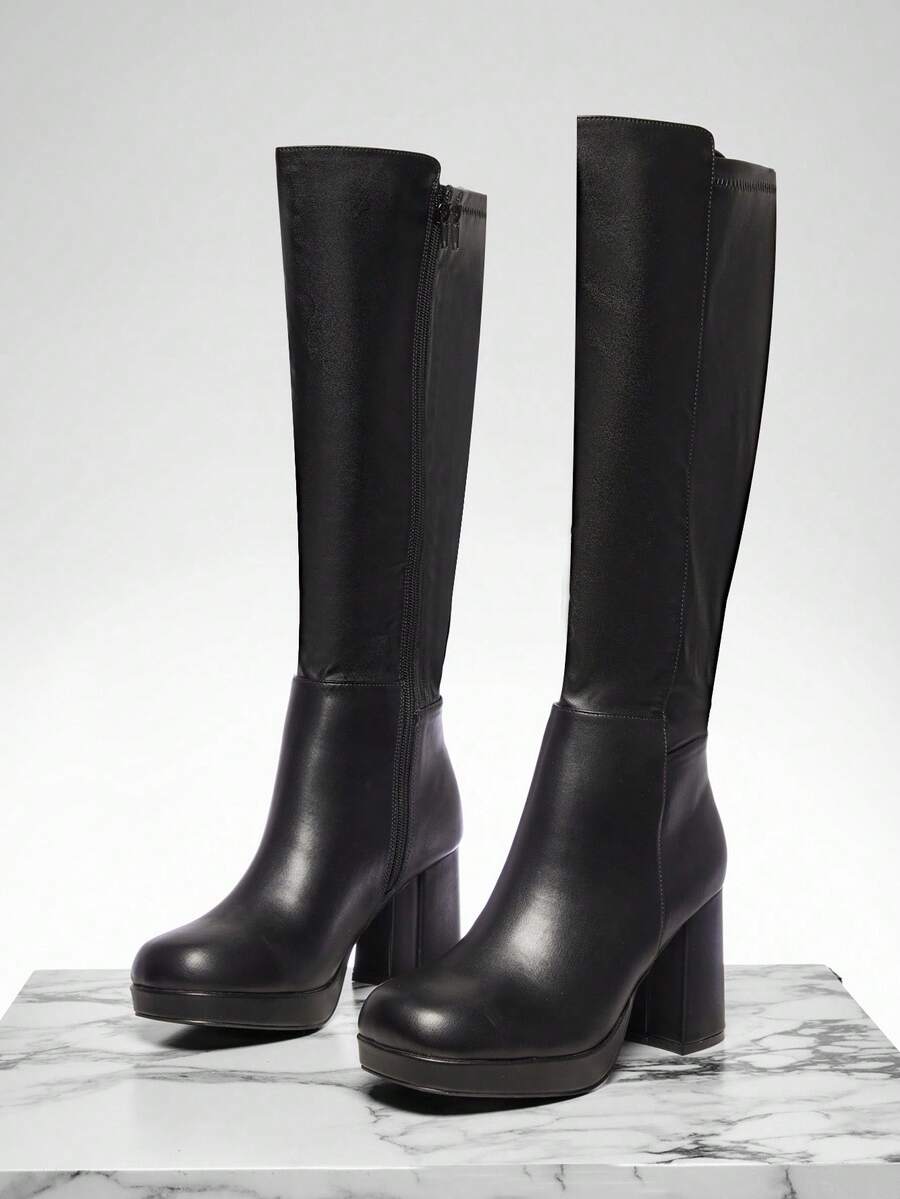 SHUZIA Women's Knee High Platform Block Heel Pu + Lycra Casual Boots For Christmas Valentine's Day Mensa