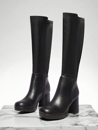 SHUZIA Women's Knee High Platform Block Heel Pu + Lycra Casual Boots For Christmas Valentine's Day Mensa