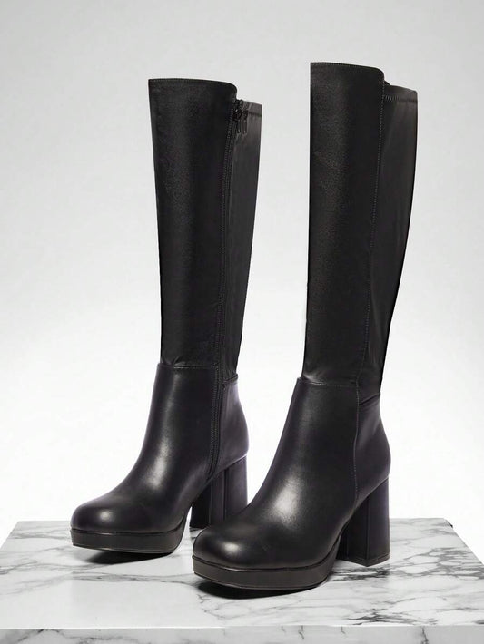 SHUZIA Women's Knee High Platform Block Heel Pu + Lycra Casual Boots For Christmas Valentine's Day Mensa