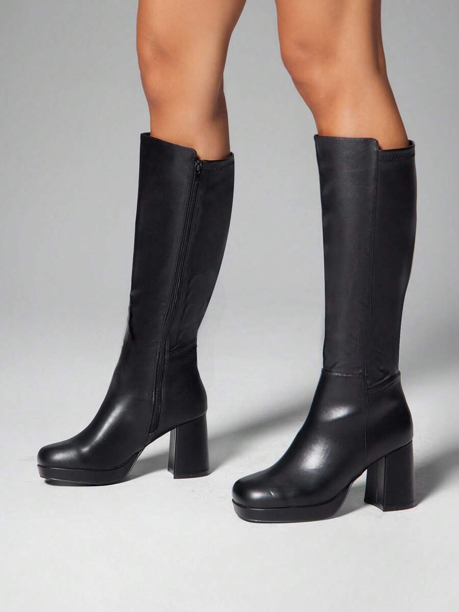SHUZIA Women's Knee High Platform Block Heel Pu + Lycra Casual Boots For Christmas Valentine's Day Mensa