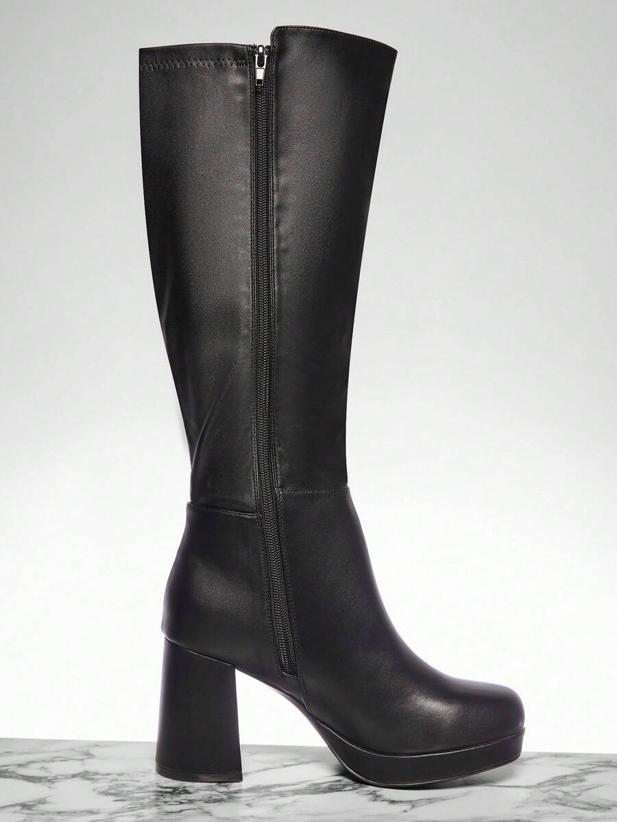 SHUZIA Women's Knee High Platform Block Heel Pu + Lycra Casual Boots For Christmas Valentine's Day Mensa