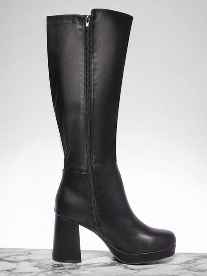 SHUZIA Women's Knee High Platform Block Heel Pu + Lycra Casual Boots For Christmas Valentine's Day Mensa