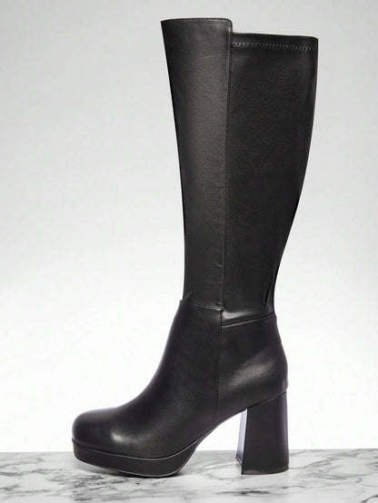 SHUZIA Women's Knee High Platform Block Heel Pu + Lycra Casual Boots For Christmas Valentine's Day Mensa
