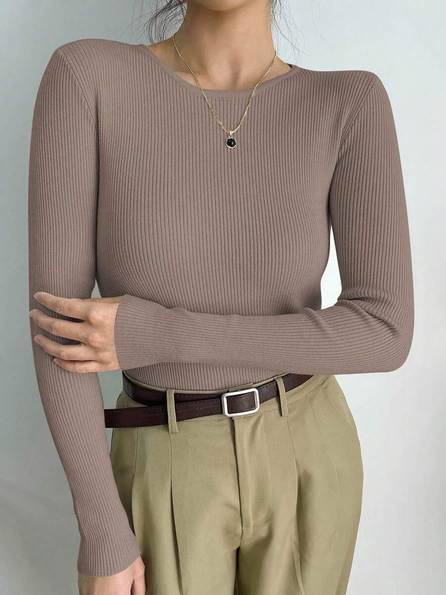 Krakow Ribbed Knit Crew Neck Fitted Pullover Sweater - Khaki