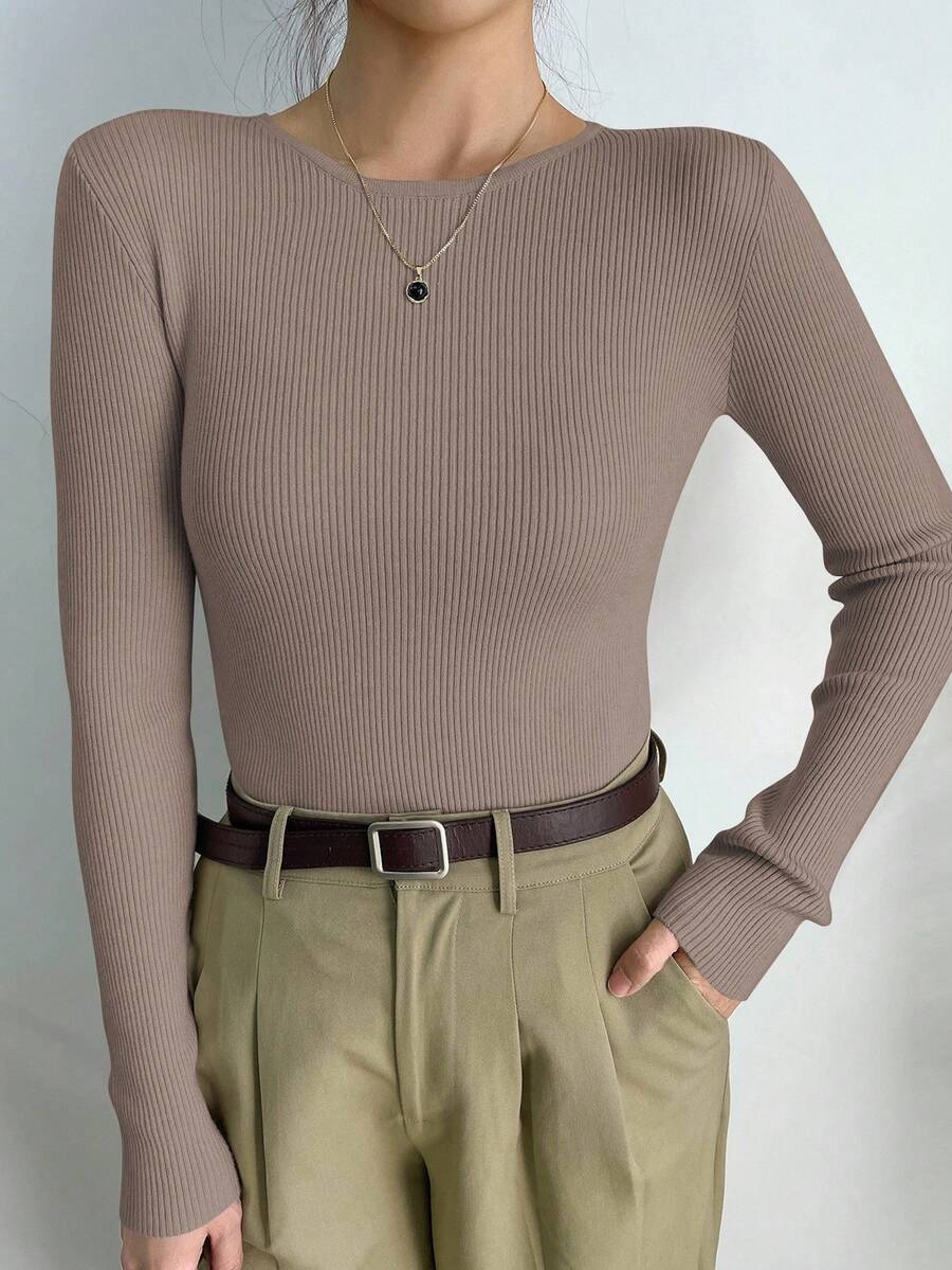 Krakow Ribbed Knit Crew Neck Fitted Pullover Sweater