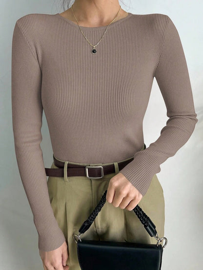 Krakow Ribbed Knit Crew Neck Fitted Pullover Sweater