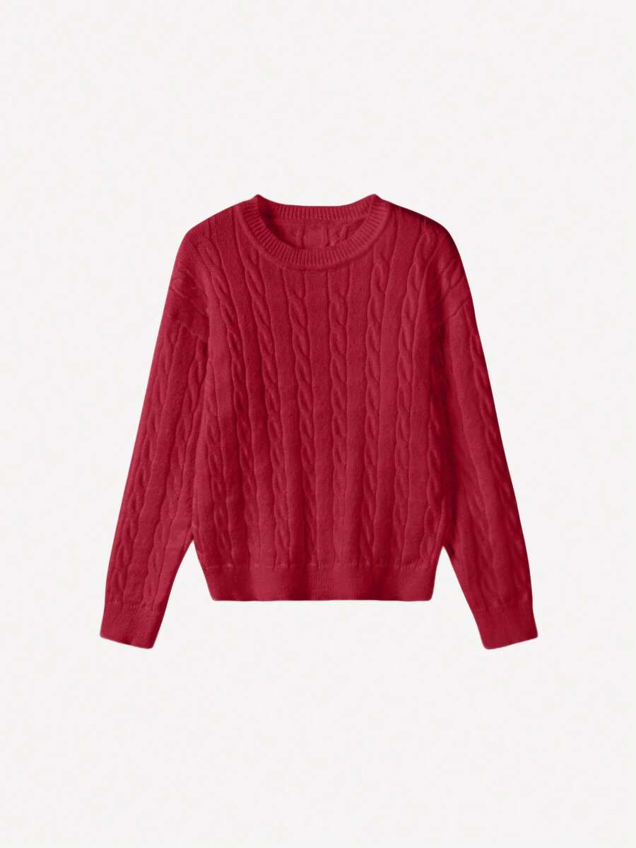 Marlowe Chunky Cable Knit Sweater Loose Crew Neck Pullover - Cherry Red