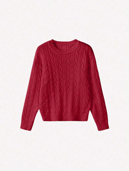 Marlowe Chunky Cable Knit Sweater Loose Crew Neck Pullover - Cherry Red