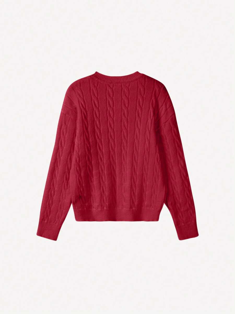 Marlowe Chunky Cable Knit Sweater Loose Crew Neck Pullover - Cherry Red