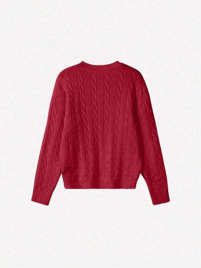 Marlowe Chunky Cable Knit Sweater Loose Crew Neck Pullover - Cherry Red