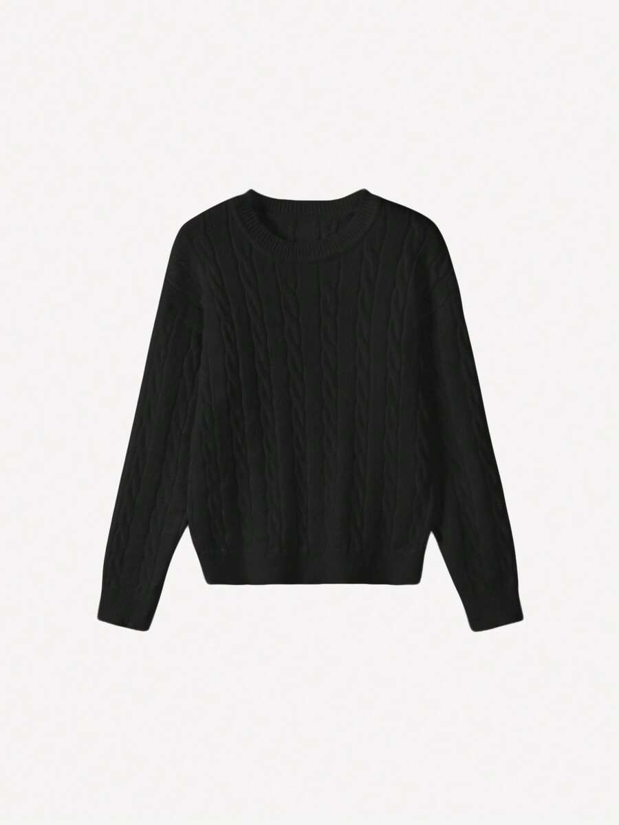 Marlowe Chunky Cable Knit Sweater Loose Crew Neck Pullover - Black