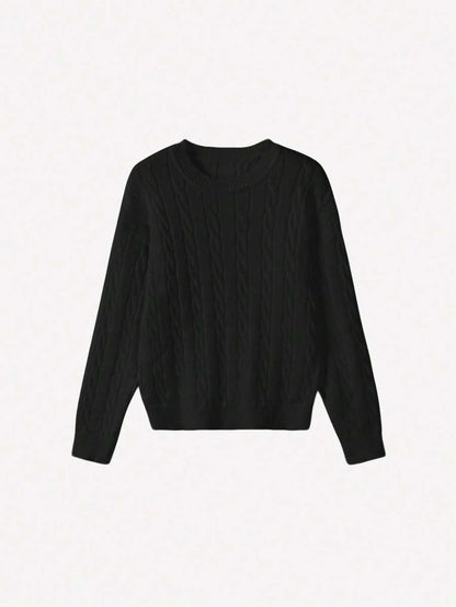 Marlowe Chunky Cable Knit Sweater Loose Crew Neck Pullover - Black