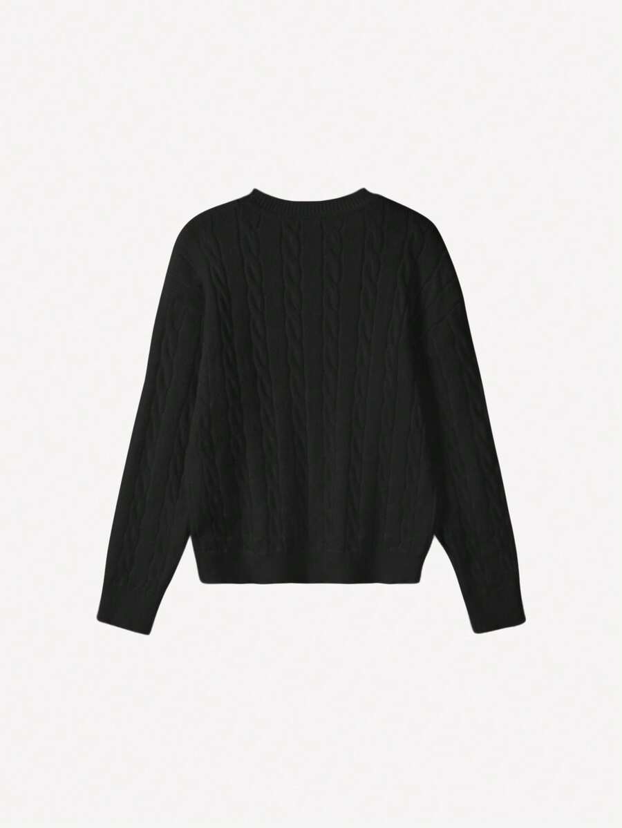 Marlowe Chunky Cable Knit Sweater Loose Crew Neck Pullover - Black