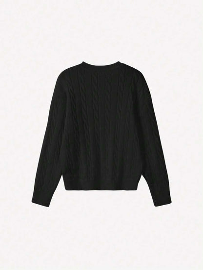 Marlowe Chunky Cable Knit Sweater Loose Crew Neck Pullover - Black